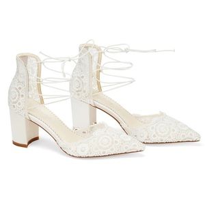 Bella Belle Ivory Floral Lace Block Heel | Wedding Heels